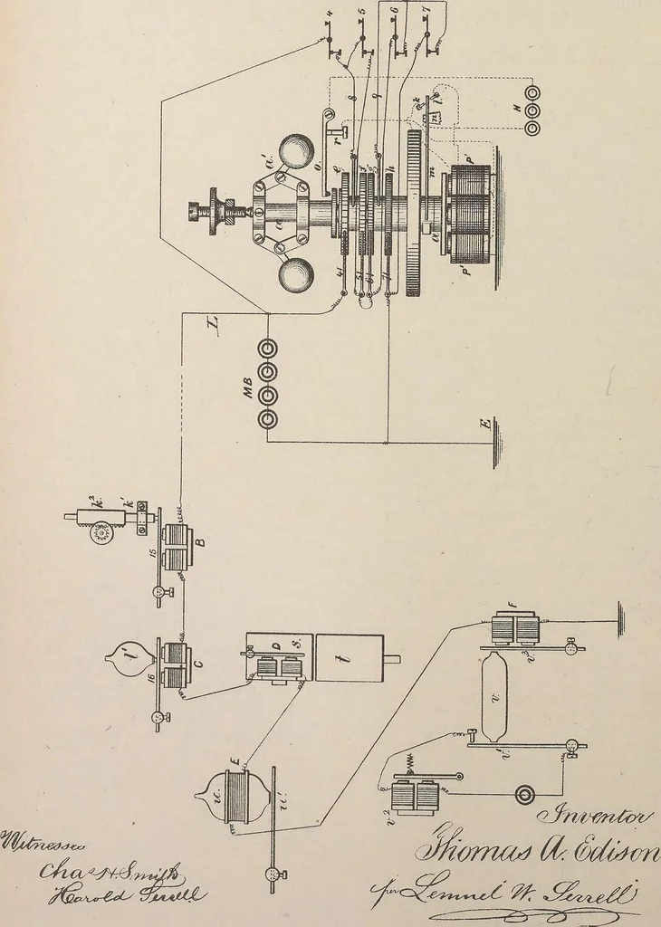 An illustration from Collection of United States patents granted to Thomas A. Edison, 1869-1884, 1869, leaf 543