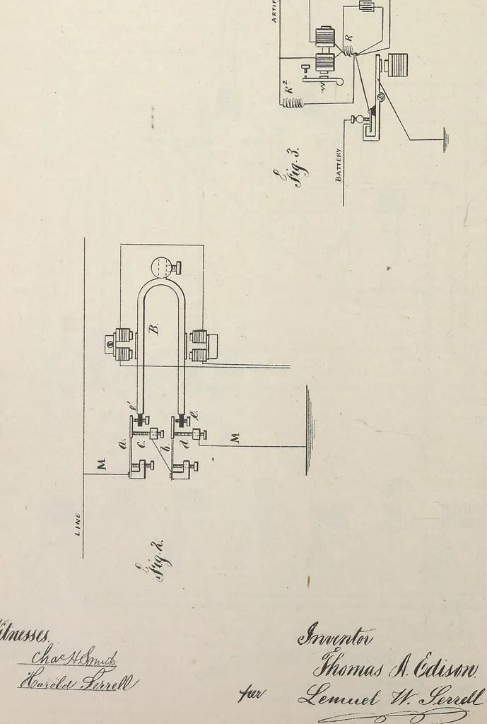 An illustration from Collection of United States patents granted to Thomas A. Edison, 1869-1884, 1869, leaf 565