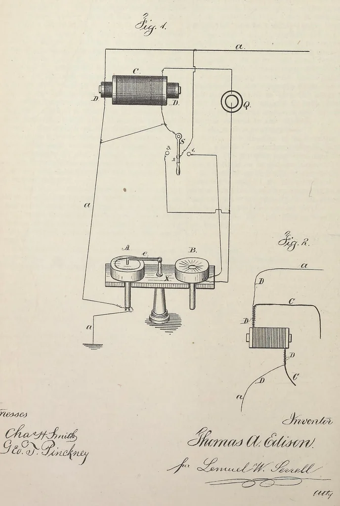 An illustration from Collection of United States patents granted to Thomas A. Edison, 1869-1884, 1869, leaf 599