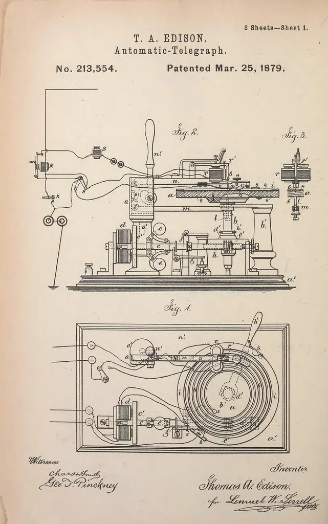 An illustration from Collection of United States patents granted to Thomas A. Edison, 1869-1884, 1869, leaf 647