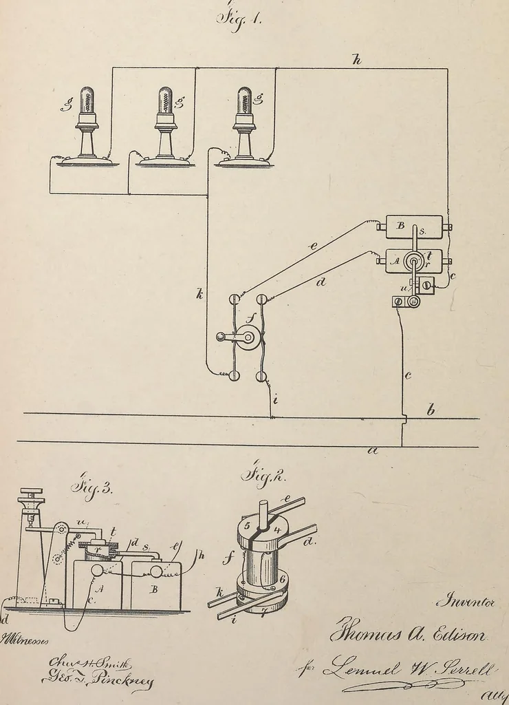 An illustration from Collection of United States patents granted to Thomas A. Edison, 1869-1884, 1869, leaf 675
