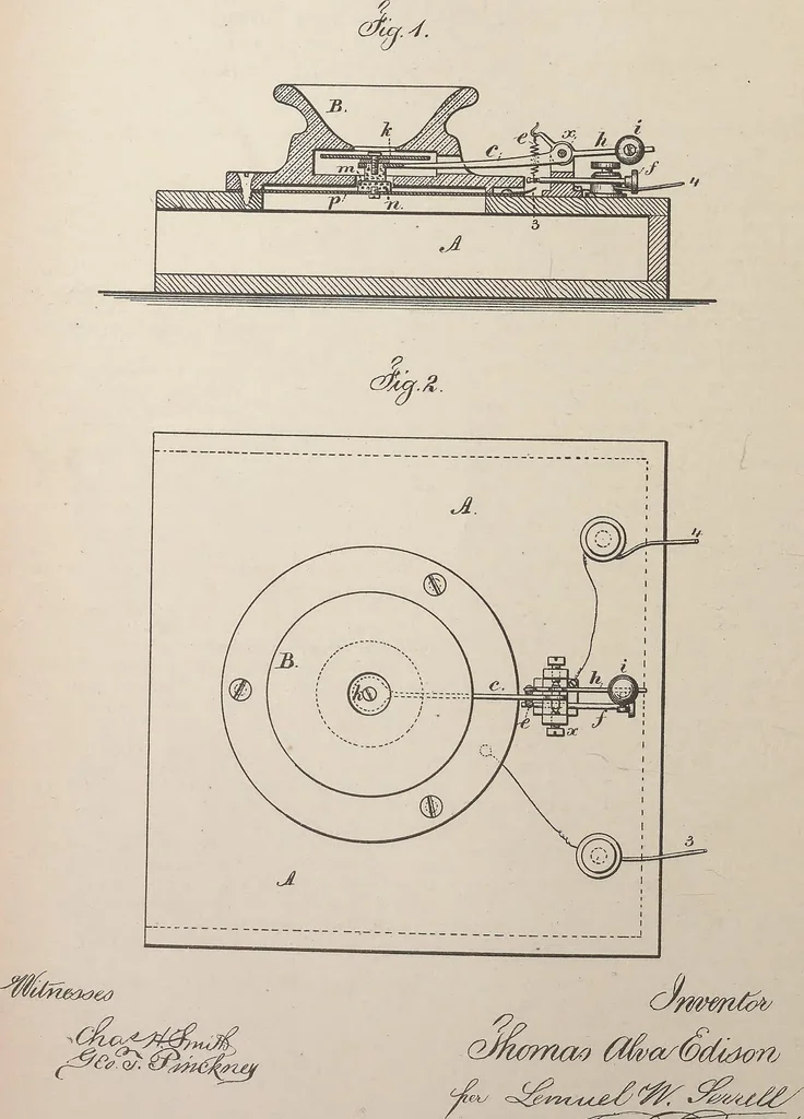 An illustration from Collection of United States patents granted to Thomas A. Edison, 1869-1884, 1869, leaf 701