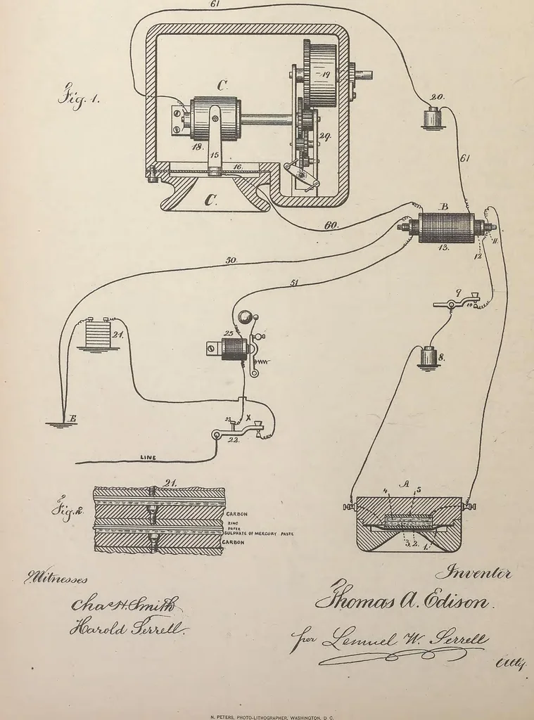 An illustration from Collection of United States patents granted to Thomas A. Edison, 1869-1884, 1869, leaf 761
