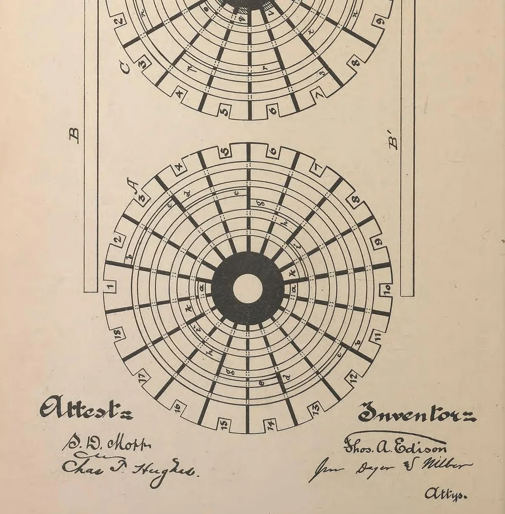 An illustration from Collection of United States patents granted to Thomas A. Edison, 1869-1884, 1869, leaf 845