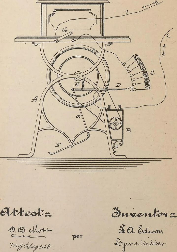 An illustration from Collection of United States patents granted to Thomas A. Edison, 1869-1884, 1869, leaf 957