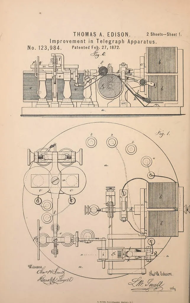 An illustration from Collection of United States patents granted to Thomas A. Edison, 1869-1884, 1869, leaf 119