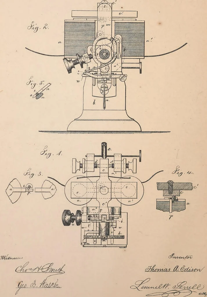 An illustration from Collection of United States patents granted to Thomas A. Edison, 1869-1884, 1869, leaf 137