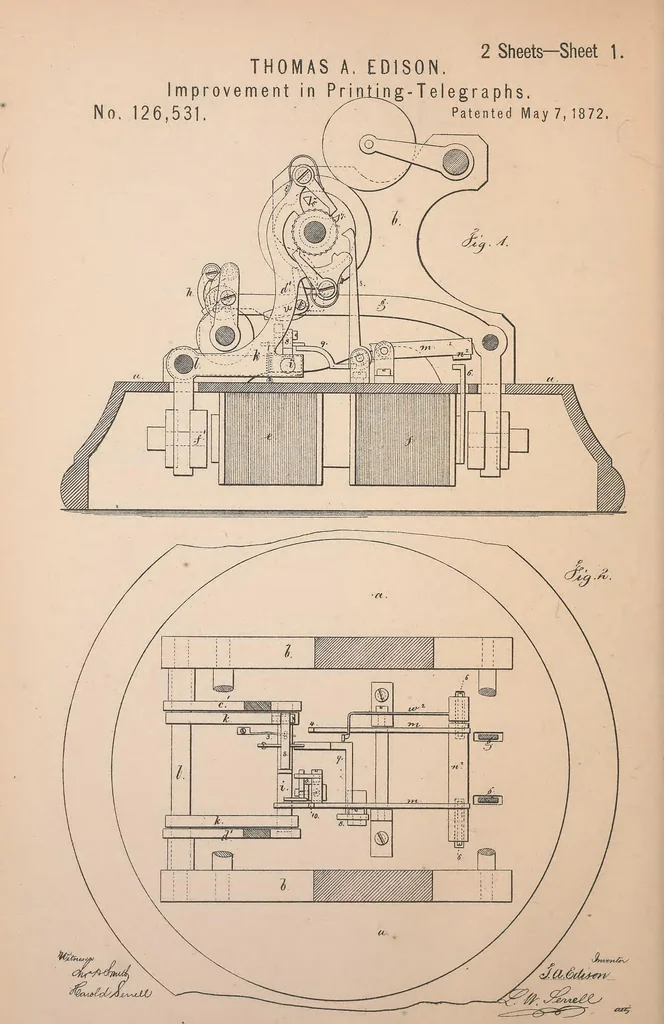 An illustration from Collection of United States patents granted to Thomas A. Edison, 1869-1884, 1869, leaf 141