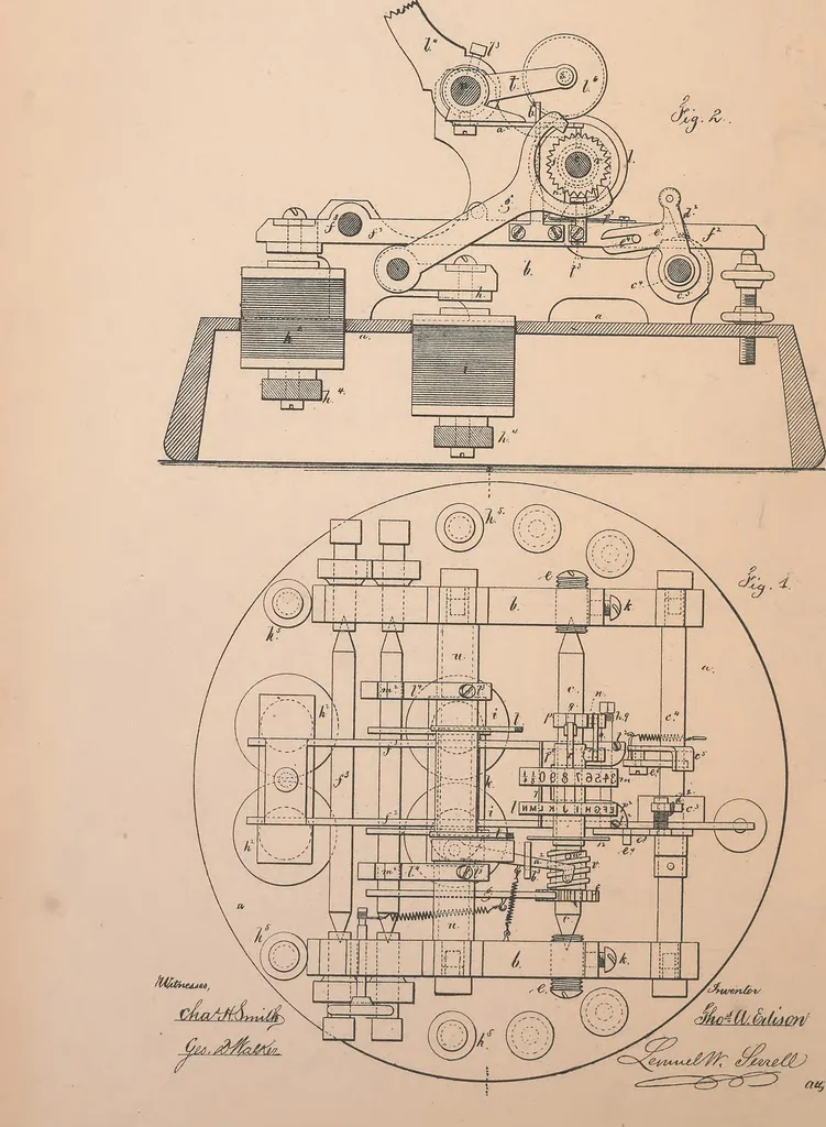 An illustration from Collection of United States patents granted to Thomas A. Edison, 1869-1884, 1869, leaf 147