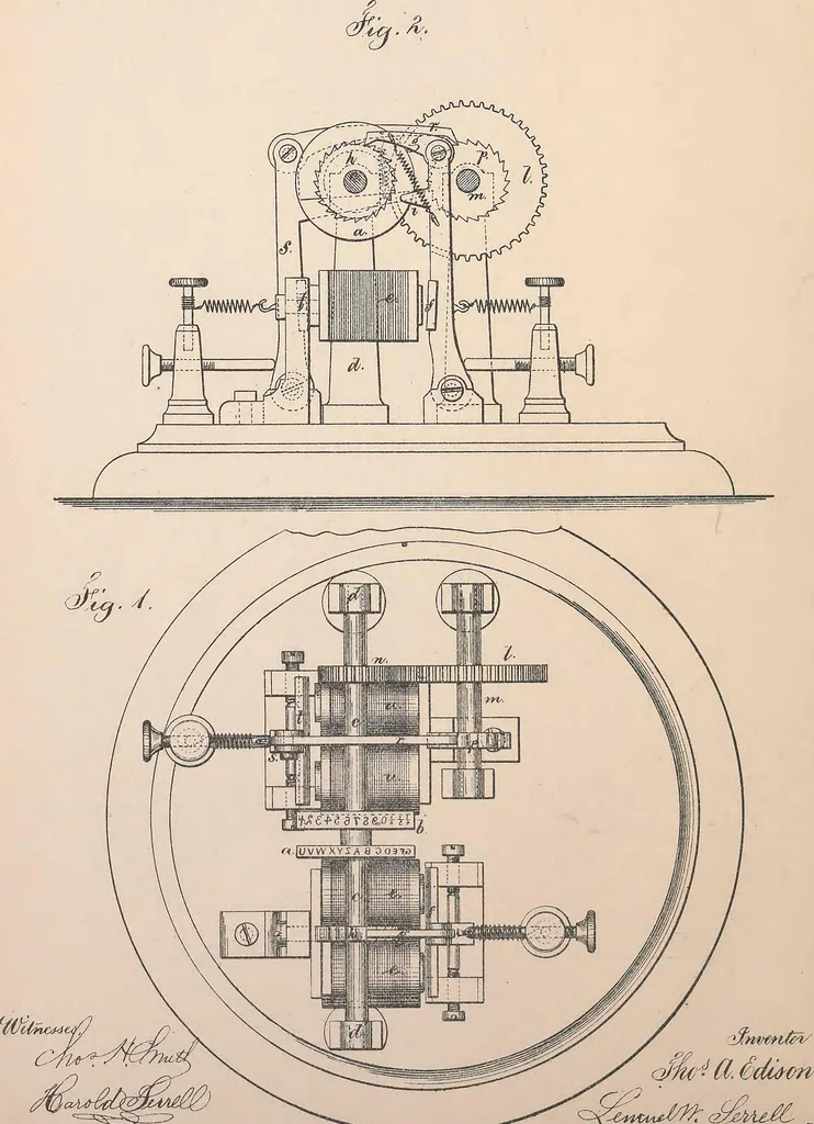 An illustration from Collection of United States patents granted to Thomas A. Edison, 1869-1884, 1869, leaf 179