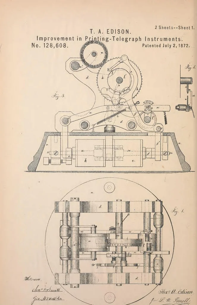An illustration from Collection of United States patents granted to Thomas A. Edison, 1869-1884, 1869, leaf 187