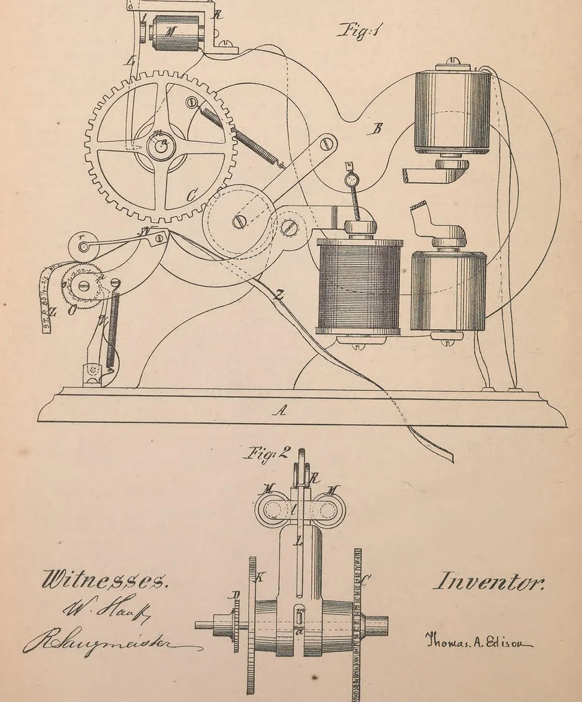 An illustration from Collection of United States patents granted to Thomas A. Edison, 1869-1884, 1869, leaf 19