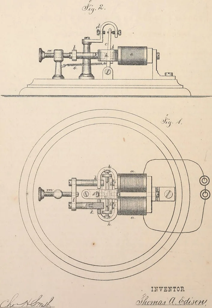 An illustration from Collection of United States patents granted to Thomas A. Edison, 1869-1884, 1869, leaf 195