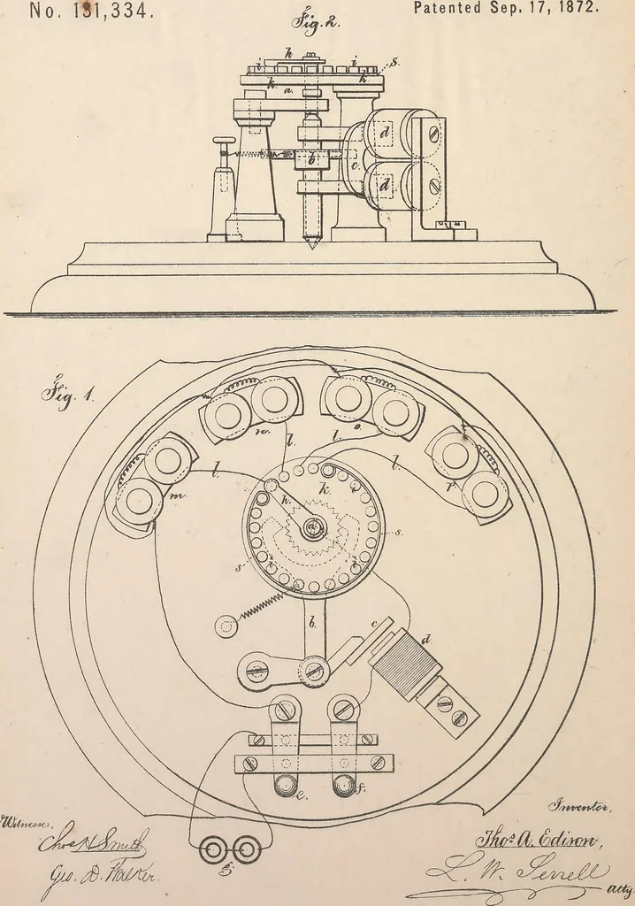 An illustration from Collection of United States patents granted to Thomas A. Edison, 1869-1884, 1869, leaf 199