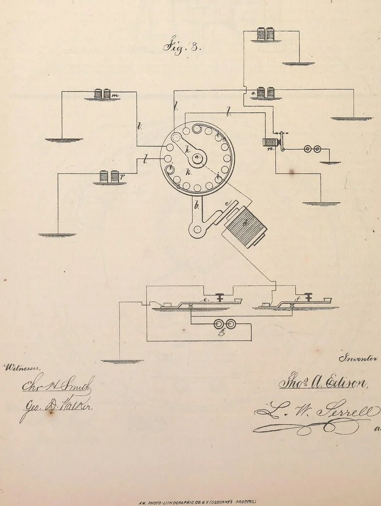 An illustration from Collection of United States patents granted to Thomas A. Edison, 1869-1884, 1869, leaf 201