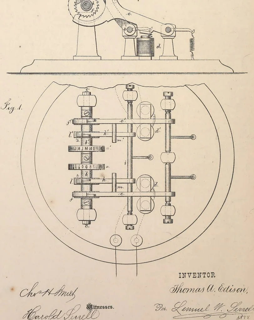 An illustration from Collection of United States patents granted to Thomas A. Edison, 1869-1884, 1869, leaf 205