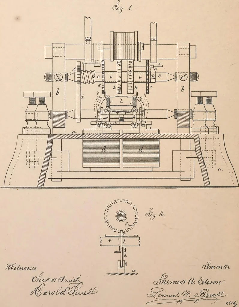 An illustration from Collection of United States patents granted to Thomas A. Edison, 1869-1884, 1869, leaf 213