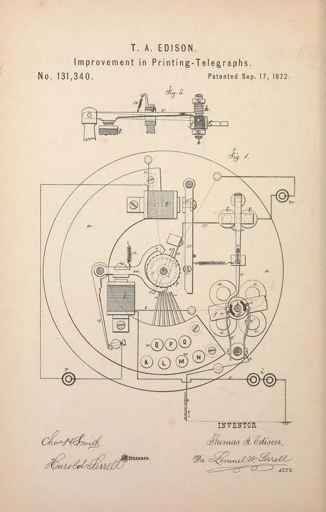 An illustration from Collection of United States patents granted to Thomas A. Edison, 1869-1884, 1869, leaf 227