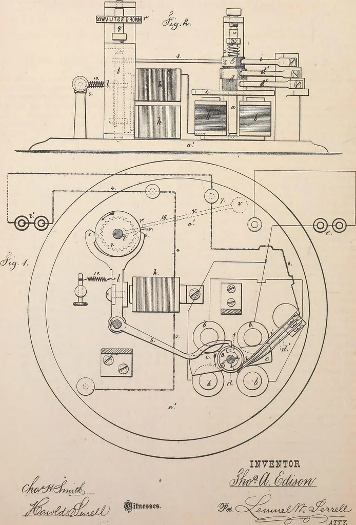 An illustration from Collection of United States patents granted to Thomas A. Edison, 1869-1884, 1869, leaf 273