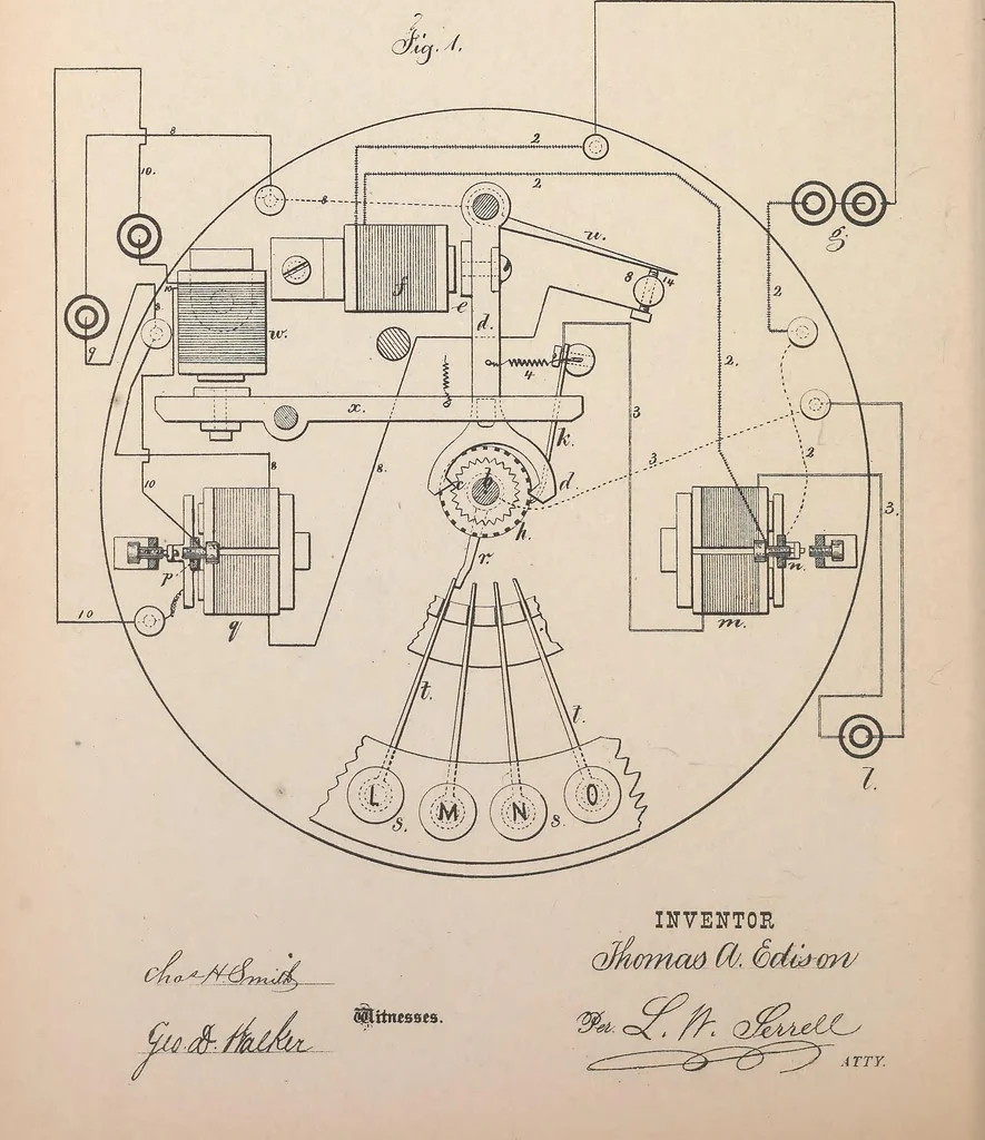 An illustration from Collection of United States patents granted to Thomas A. Edison, 1869-1884, 1869, leaf 305