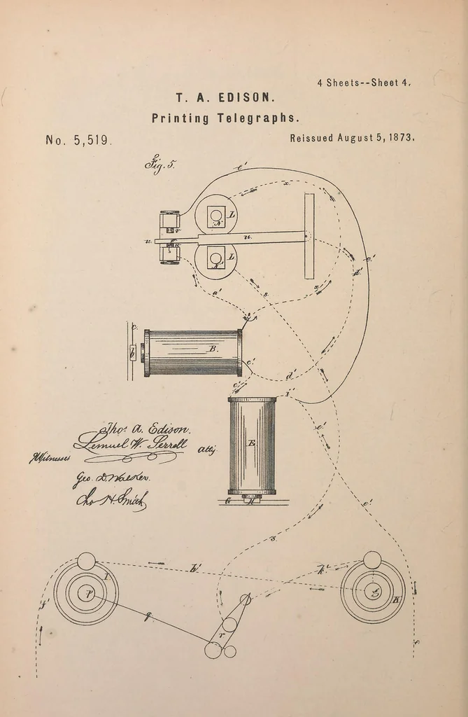 An illustration from Collection of United States patents granted to Thomas A. Edison, 1869-1884, 1869, leaf 329