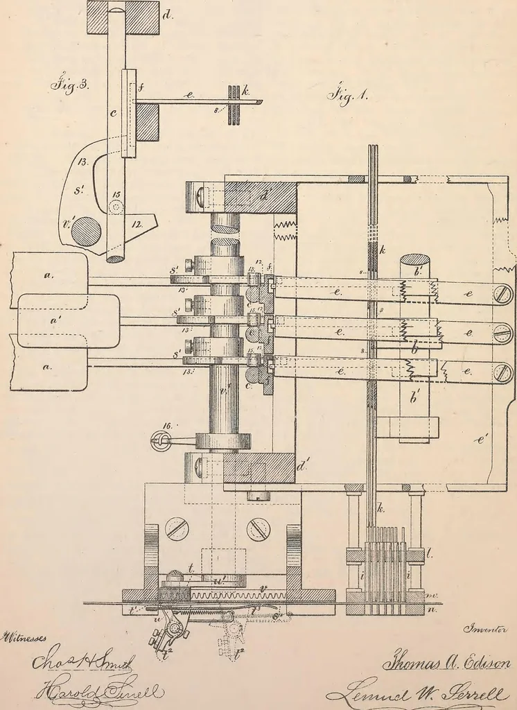 An illustration from Collection of United States patents granted to Thomas A. Edison, 1869-1884, 1869, leaf 383