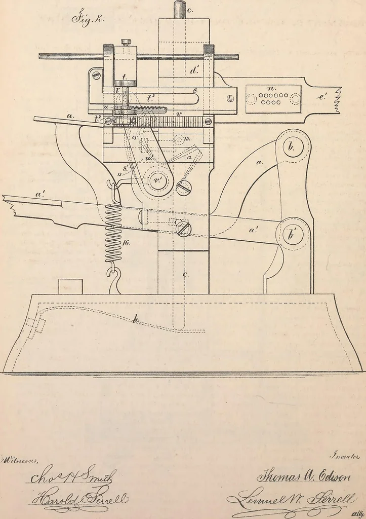 An illustration from Collection of United States patents granted to Thomas A. Edison, 1869-1884, 1869, leaf 385