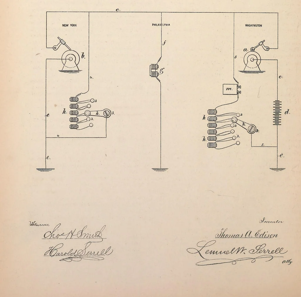 An illustration from Collection of United States patents granted to Thomas A. Edison, 1869-1884, 1869, leaf 389