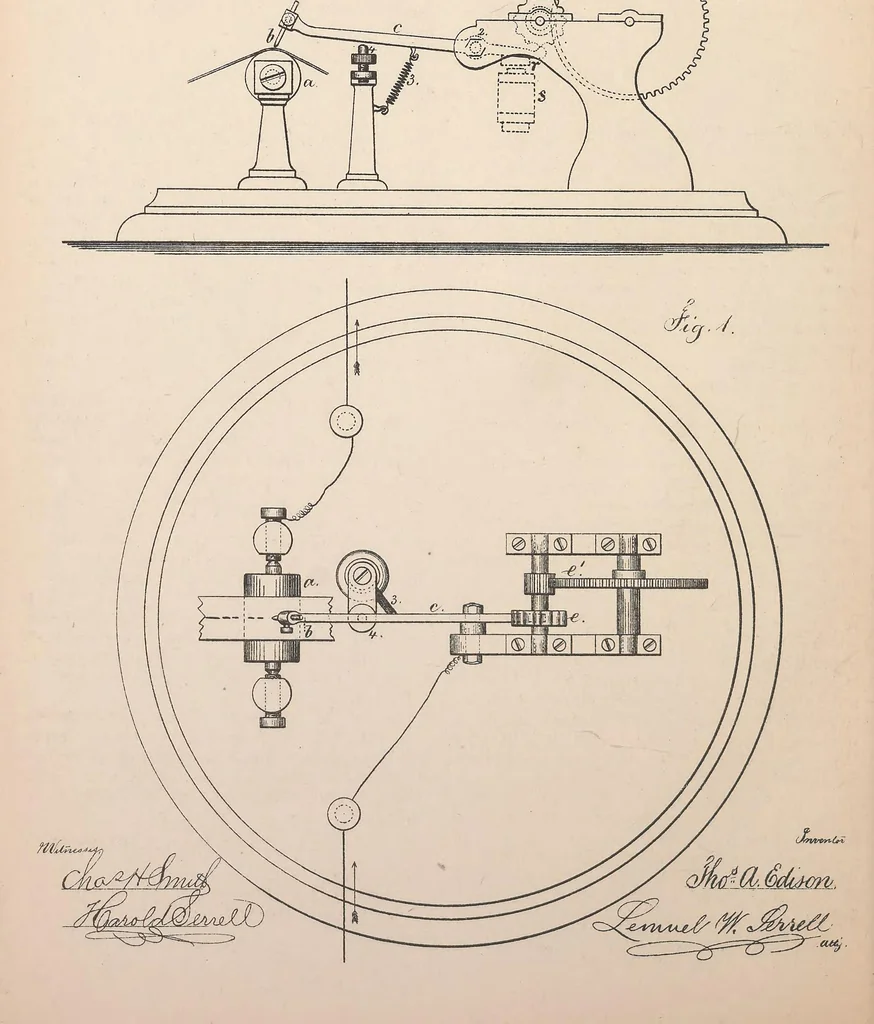 An illustration from Collection of United States patents granted to Thomas A. Edison, 1869-1884, 1869, leaf 405