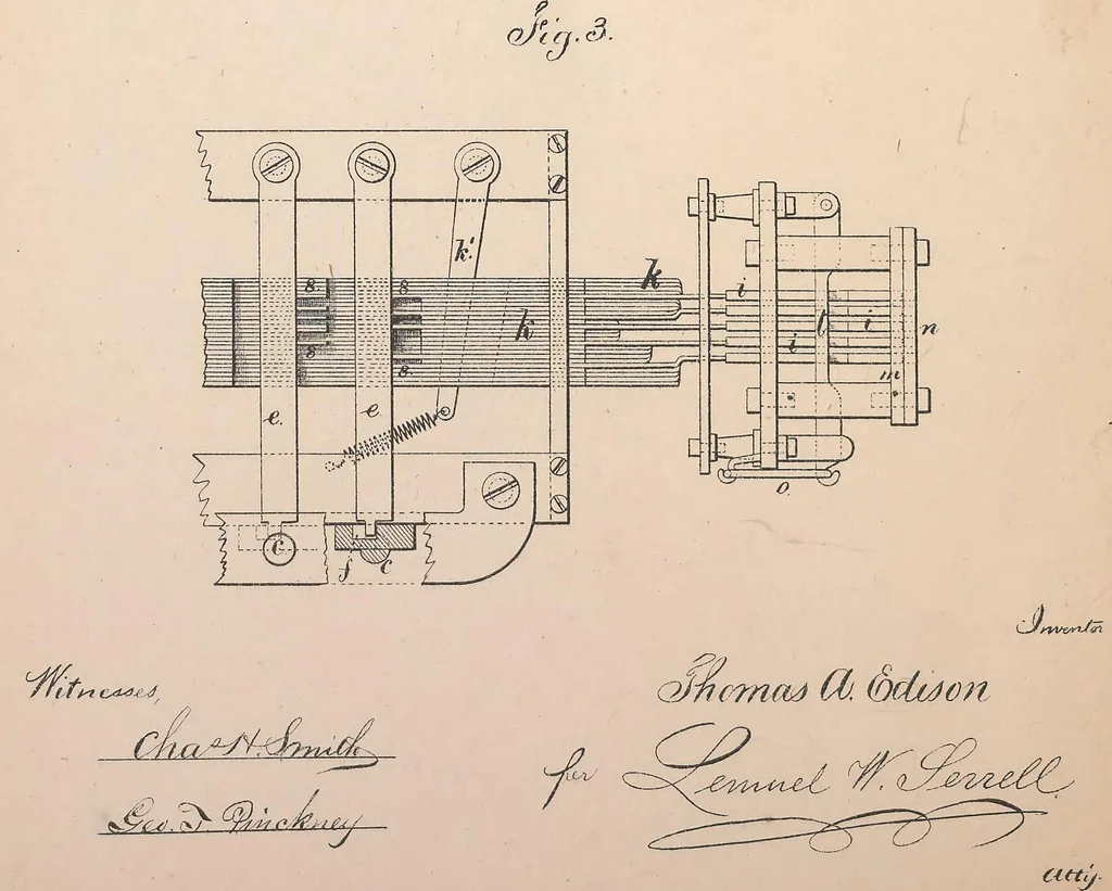 An illustration from Collection of United States patents granted to Thomas A. Edison, 1869-1884, 1869, leaf 413