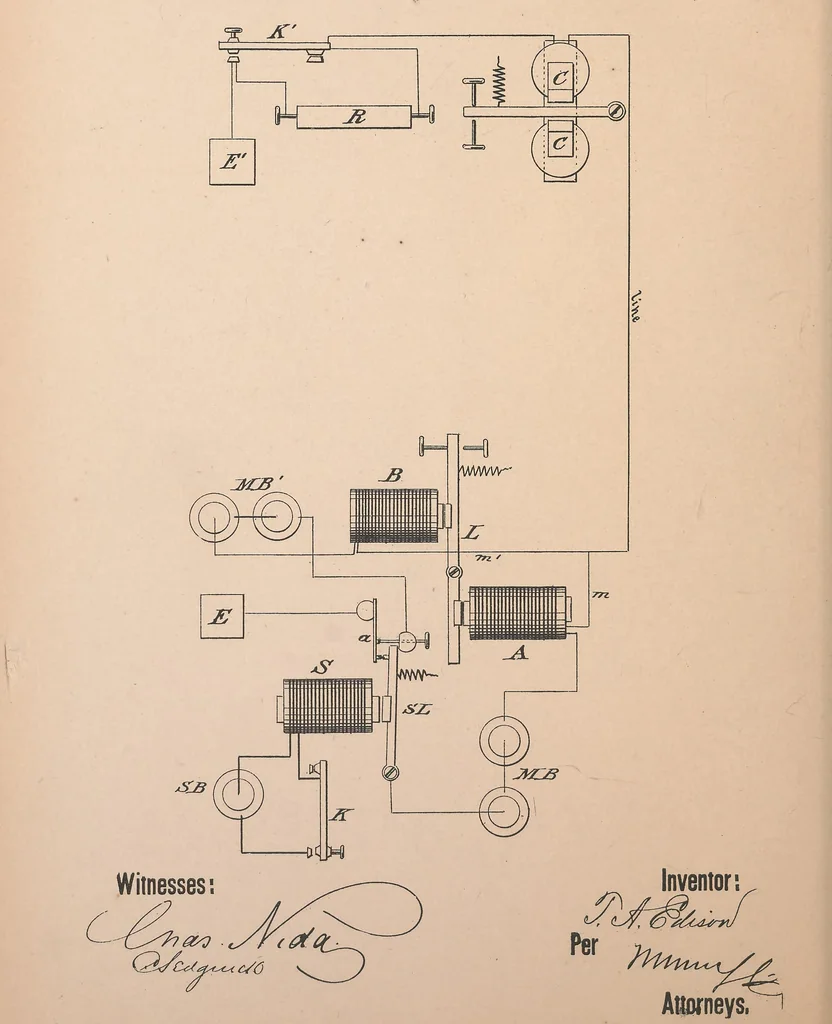 An illustration from Collection of United States patents granted to Thomas A. Edison, 1869-1884, 1869, leaf 443