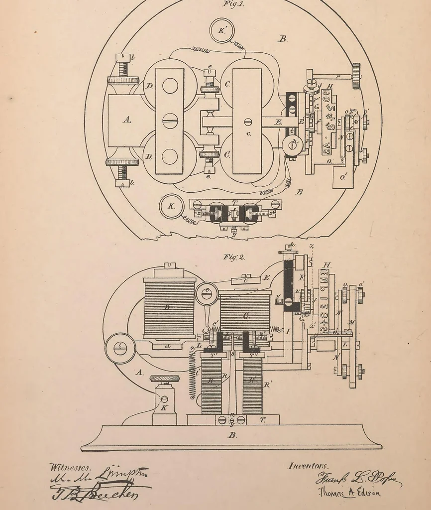 An illustration from Collection of United States patents granted to Thomas A. Edison, 1869-1884, 1869, leaf 45