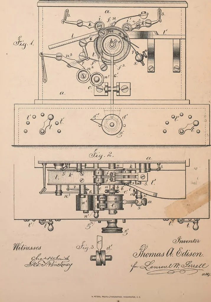 An illustration from Collection of United States patents granted to Thomas A. Edison, 1869-1884, 1869, leaf 457
