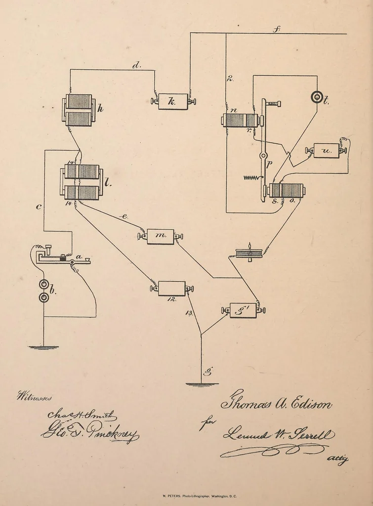 An illustration from Collection of United States patents granted to Thomas A. Edison, 1869-1884, 1869, leaf 465