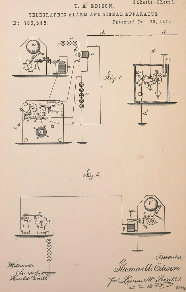 An illustration from Collection of United States patents granted to Thomas A. Edison, 1869-1884, 1869, leaf 527