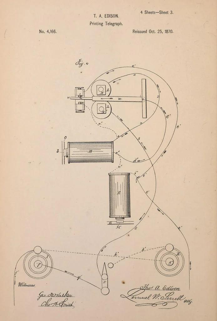An illustration from Collection of United States patents granted to Thomas A. Edison, 1869-1884, 1869, leaf 57