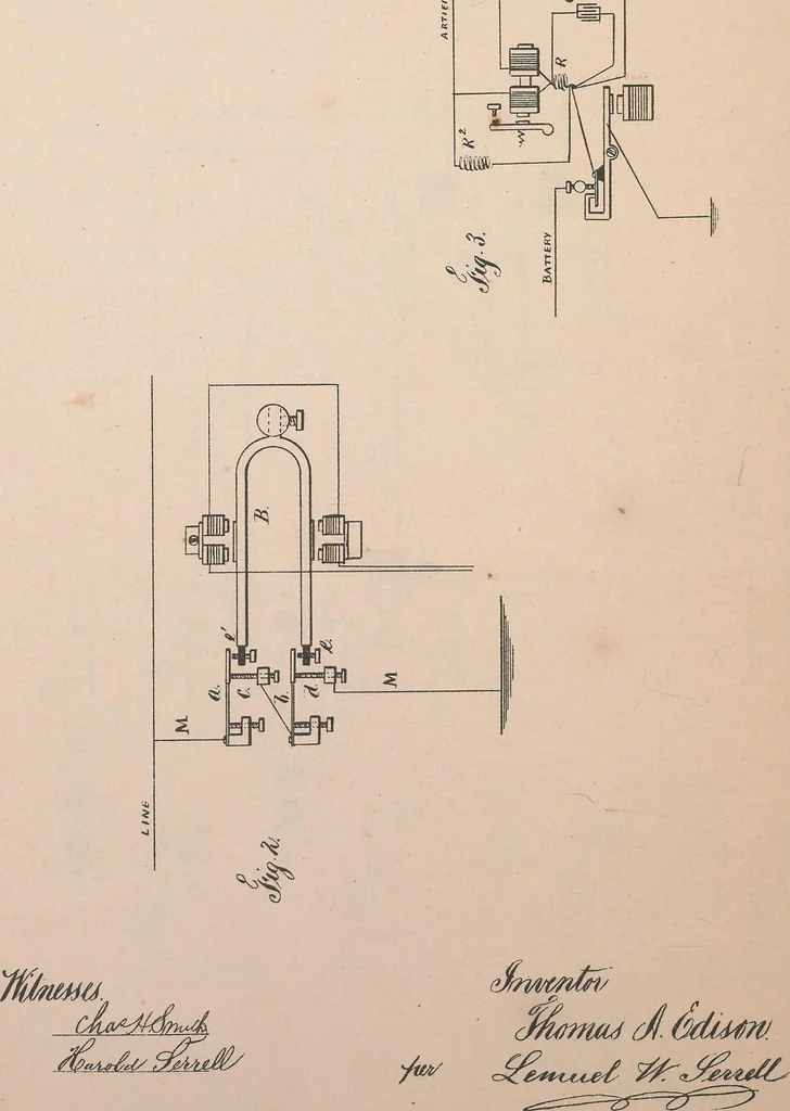 An illustration from Collection of United States patents granted to Thomas A. Edison, 1869-1884, 1869, leaf 573