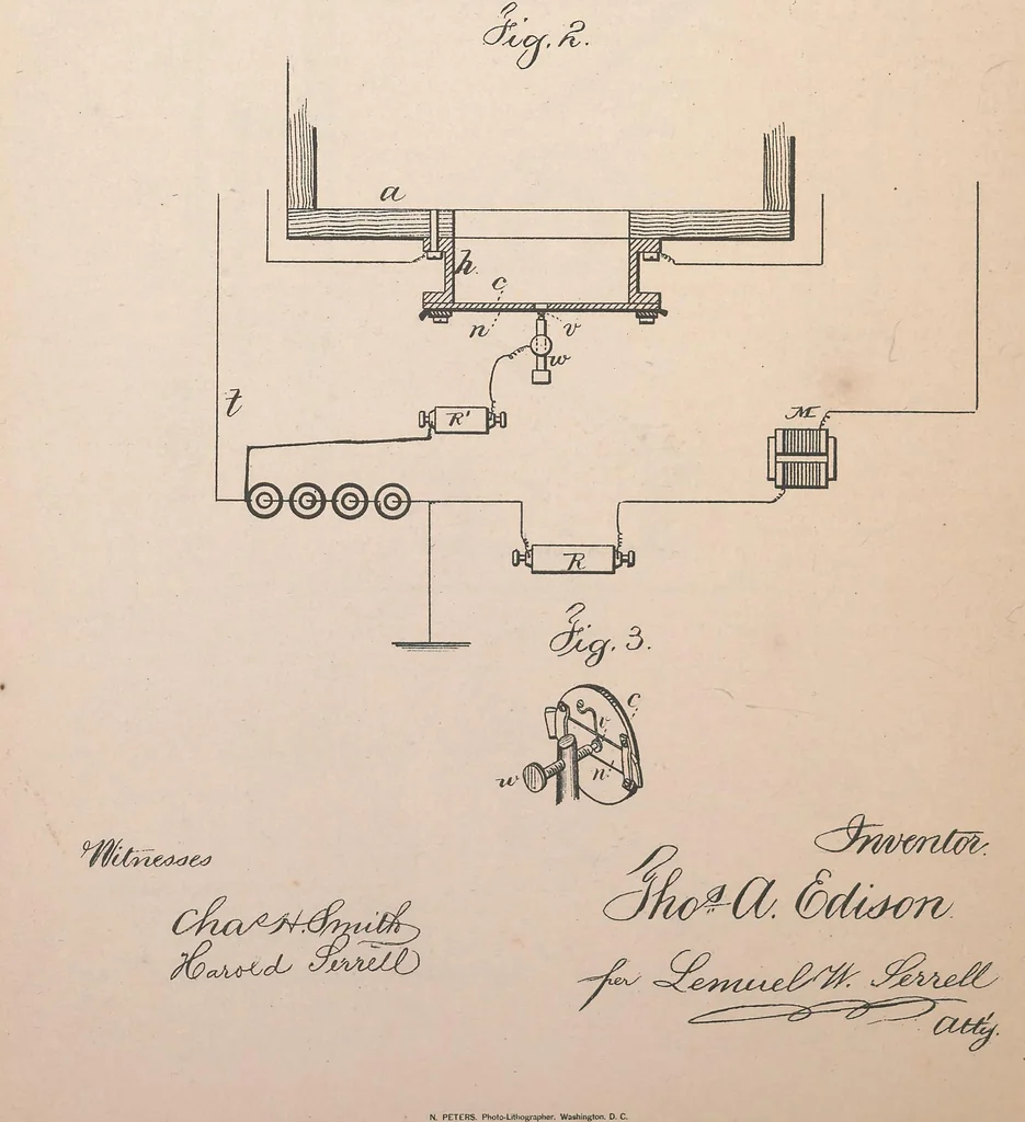 An illustration from Collection of United States patents granted to Thomas A. Edison, 1869-1884, 1869, leaf 593