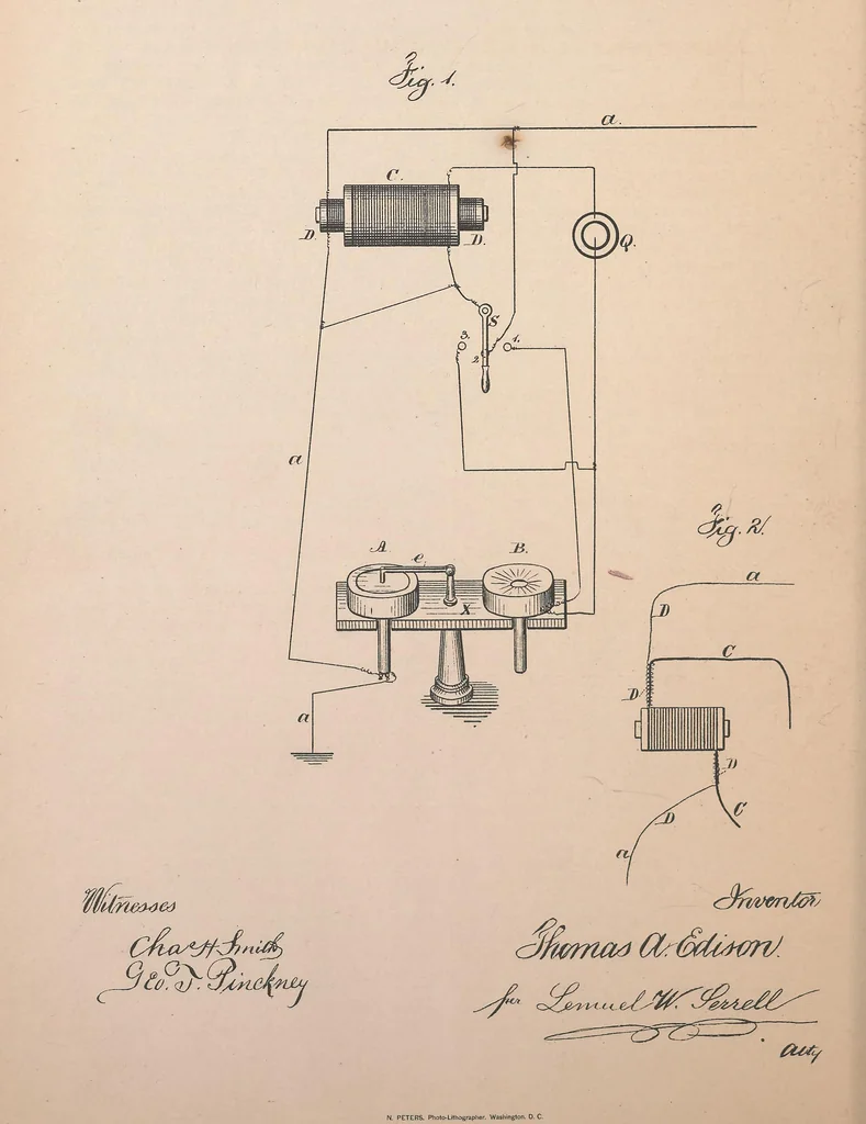 An illustration from Collection of United States patents granted to Thomas A. Edison, 1869-1884, 1869, leaf 607