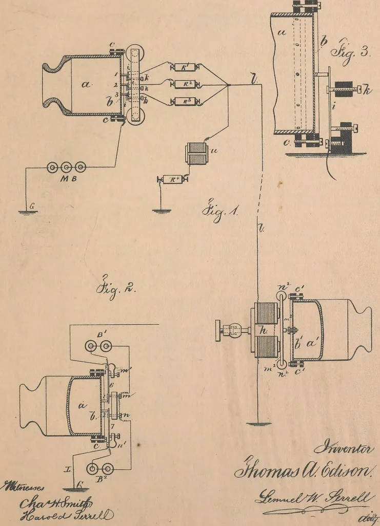 An illustration from Collection of United States patents granted to Thomas A. Edison, 1869-1884, 1869, leaf 634