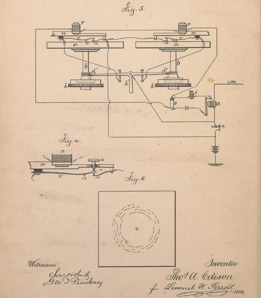 An illustration from Collection of United States patents granted to Thomas A. Edison, 1869-1884, 1869, leaf 653