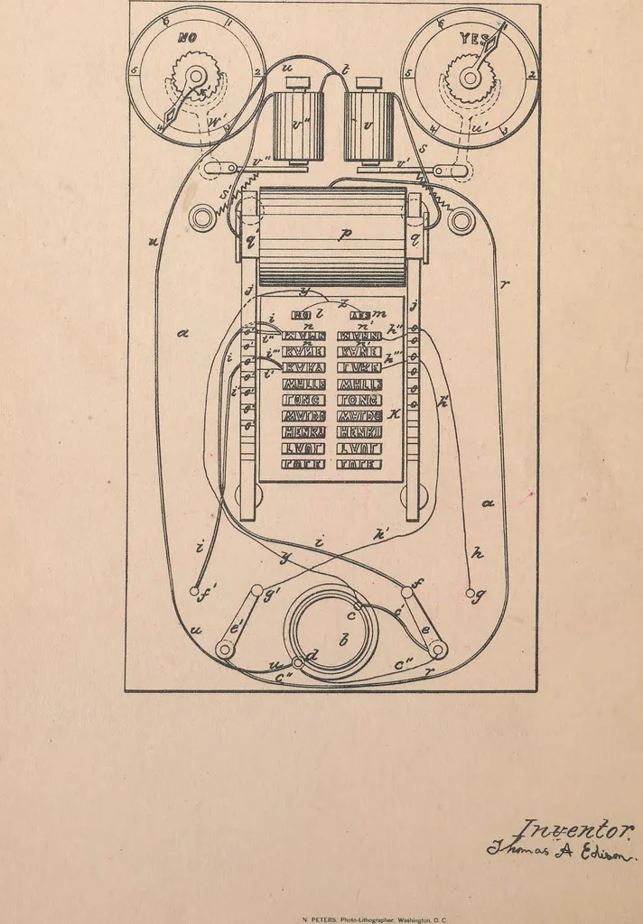An illustration from Collection of United States patents granted to Thomas A. Edison, 1869-1884, 1869, leaf 7