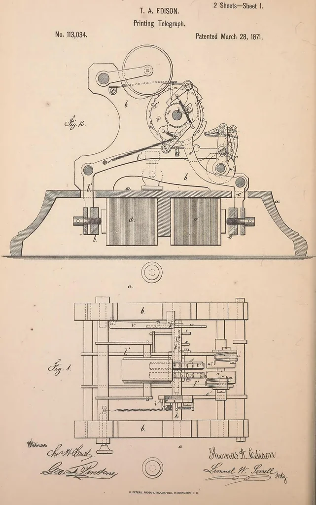 An illustration from Collection of United States patents granted to Thomas A. Edison, 1869-1884, 1869, leaf 75