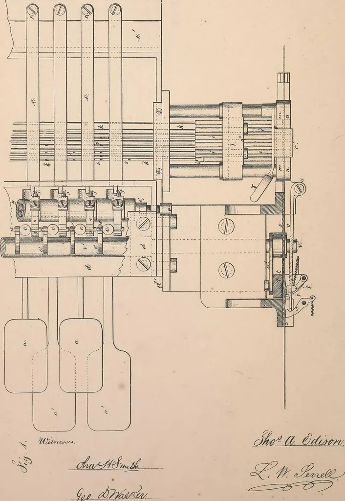 An illustration from Collection of United States patents granted to Thomas A. Edison, 1869-1884, 1869, leaf 93