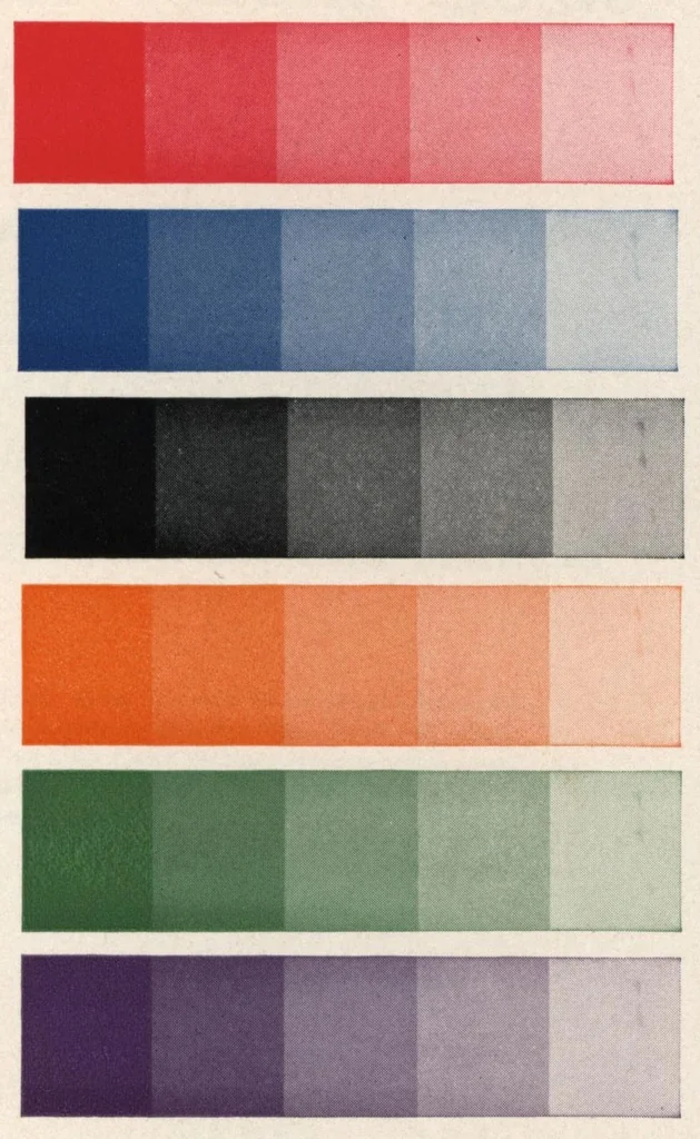 An illustration from Color mixing guide for artists, painters, decorators, printing pressmen, show card writers, sign painters, color mixers, give color mixtures by parts., 1923, leaf 4