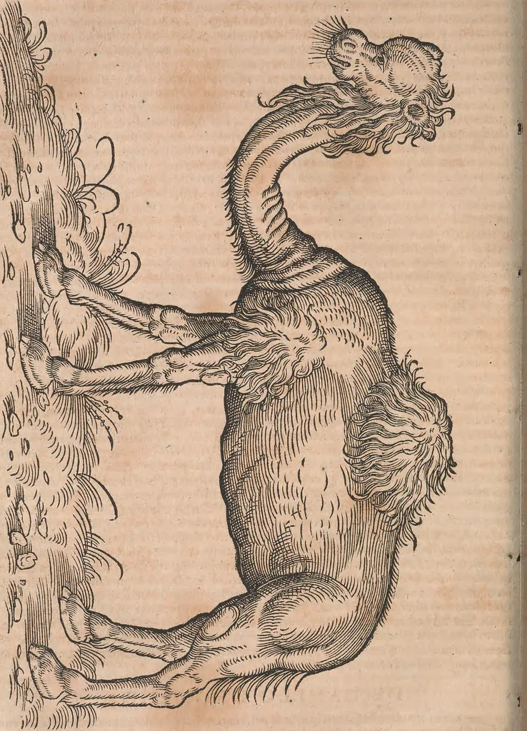 An illustration from Conradi Gesneri medici Tigurini Historiæ animalium Lib. I. de quadrupedibus uiuiparis : opus philosophis, medicis, grammaticis, philologis, poëtis, & omnibus rerum linguarumq́; uariarum studiosis, utilissimum simul iucundissimumq́; futurum .., 1551, leaf 215