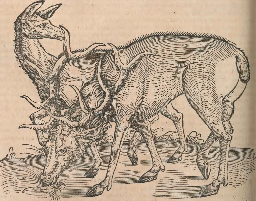 An illustration from Conradi Gesneri medici Tigurini Historiæ animalium Lib. I. de quadrupedibus uiuiparis : opus philosophis, medicis, grammaticis, philologis, poëtis, & omnibus rerum linguarumq́; uariarum studiosis, utilissimum simul iucundissimumq́; futurum .., 1551, leaf 397