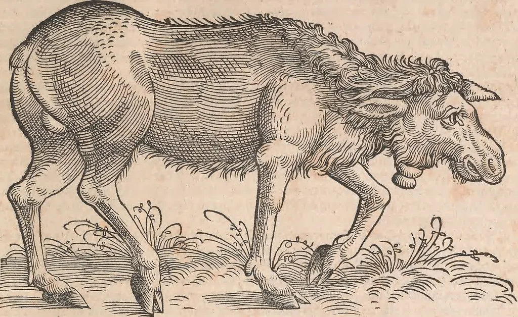 An illustration from Conradi Gesneri medici Tigurini Historiæ animalium Lib. I. de quadrupedibus uiuiparis : opus philosophis, medicis, grammaticis, philologis, poëtis, & omnibus rerum linguarumq́; uariarum studiosis, utilissimum simul iucundissimumq́; futurum .., 1551, leaf 44
