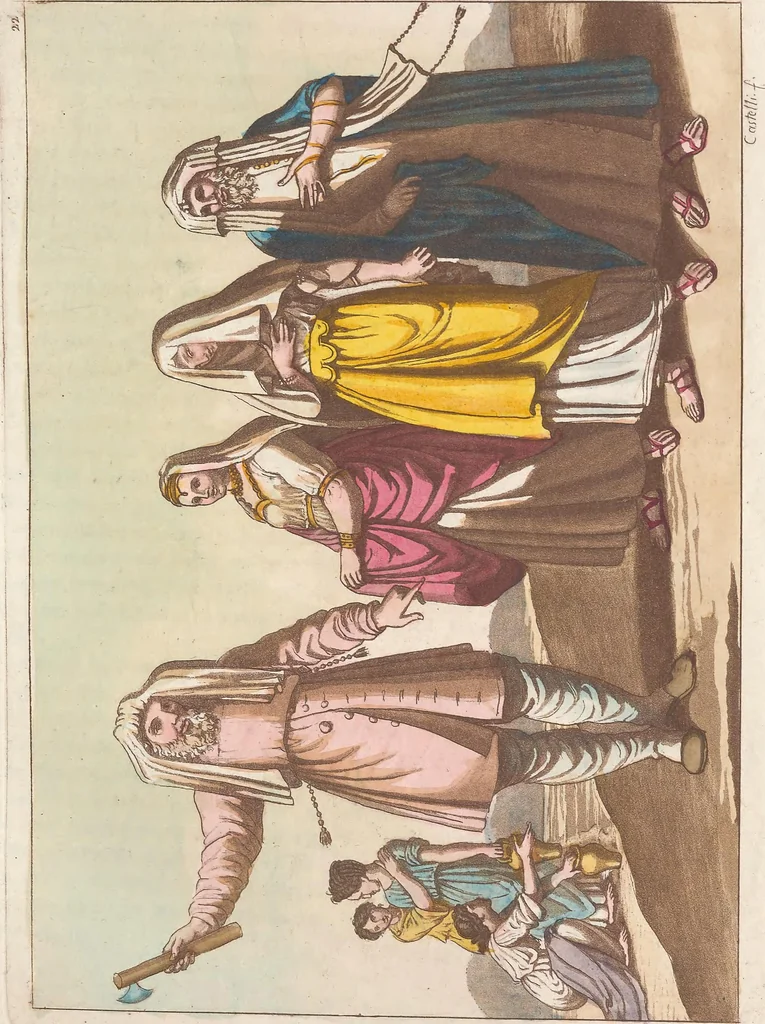 An illustration from Le Costume ancien et moderne ; ou, Histoire du gouvernement, de la milice, de la religion, des arts, sciences et usages de tous les peuples anciens et modernes, d'après les monumens de l'antiquité et accompagné de dessins analogues au sujet, 1815, leaf 208