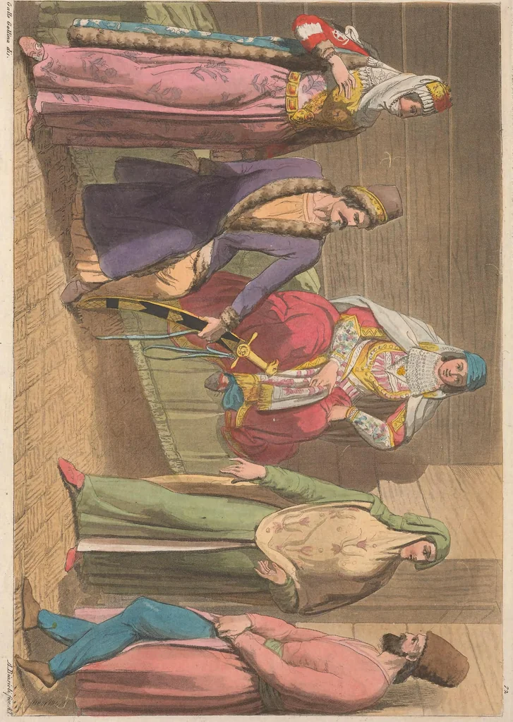 An illustration from Le Costume ancien et moderne ; ou, Histoire du gouvernement, de la milice, de la religion, des arts, sciences et usages de tous les peuples anciens et modernes, d'après les monumens de l'antiquité et accompagné de dessins analogues au sujet, 1815, leaf 715